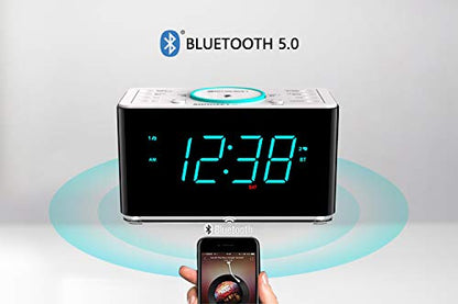 Emerson ER100401 Smartset 15Watt Ultra Fast Wireless Charging Dual Alarm Clock Radio with Bluetooth Speaker, USB Charger, Cyan LED Night Light and 1.4" Display - style: ER100401