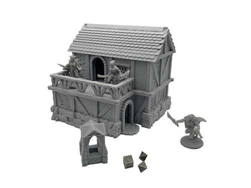Hautico Town Building Terrain Set for 28mm Tabletop Miniature Wargames, Compatible with DND, 3D Printed and Paintable (Little Town Two-Floor House)