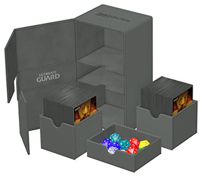 Ultimate Guard Twin Flip'n'Tray 200+, Deck Case for 200 Double-Sleeved TCG Cards + Dice Tray, Grey, Independent Magnetic Closure & Microfiber Inner Lining - color: Grey