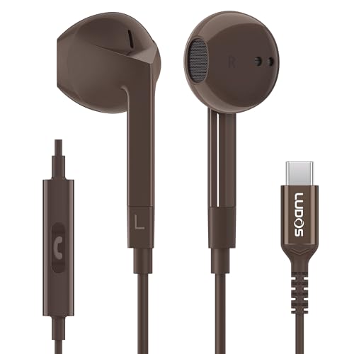 LUDOS FEROX USB C Headphones for iPhone 17 16 15 Pro Max Plus Air iPad Pro, 5 Years Warranty, USB-C Earbuds for Samsung Galaxy S24 S23 Ultra S22 S21 FE S20 Z Flip 3 Fold 4 A53, USB Type C Earphones - color: Brown, style: USB-C