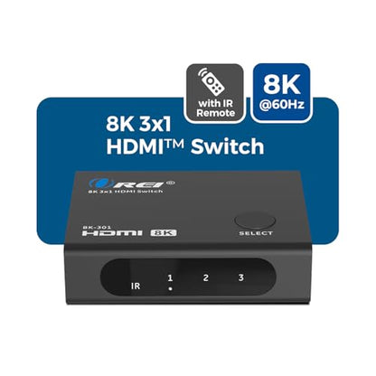 OREI 8K 3-Port HDMI 2.1 Switch, 3-in 1-Out, 8K@60Hz, CEC, HDR, IR Remote | hdmi switch with remote, hdmi switcher 3 in 1 out, 48Gbps, HDCP 2.3, 4K@120Hz/165Hz, PS5/Xbox - size: 3x1 8K HDMI Switch