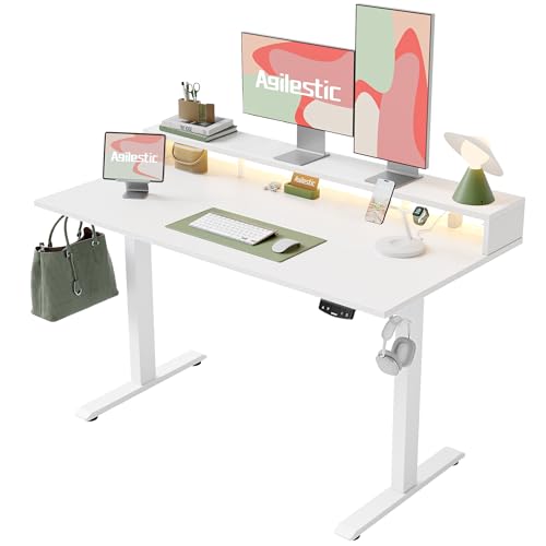 Agilestic 63x24 Inch Electric Standing Desk with Shelf, Height Adjustable with Power Outlets & LED, Sit Stand up Table with Monitor Stand, Computer Workstation, White - color: White, size: 63 x 24 Inches with led and power strips