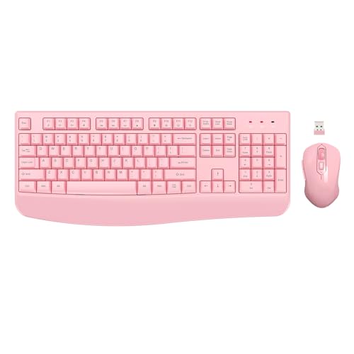 Wireless Keyboard and Mouse Combo, EDJO 2.4G Full-Sized Ergonomic Computer Keyboard with Wrist Rest and 3 Level DPI Adjustable Wireless Mouse for Windows, Mac OS Desktop/Laptop/PC (Pink) - color: Full Pink