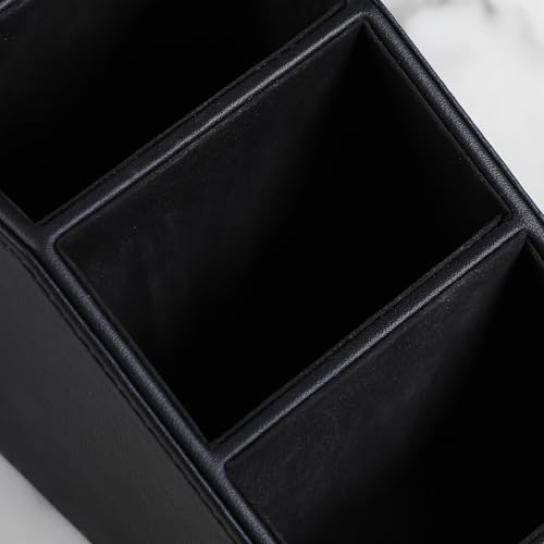 PU Leather Remote Control Holder, Small Desk Organizer Office Supply Bedside Caddy for Nightstand End Table Couch, Pen Remote Organizer with 3 Compartments (Black) - color: Black