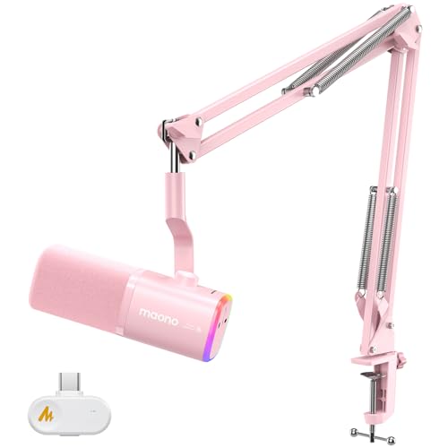 MAONO PD100W USB Wireless Dynamic Microphone for PC, Gaming Streaming Podcast Mic with Noise Reduction,Custom RGB, Mute，Volume Control, Computer Boom Mic for Vocal Recording, Pink