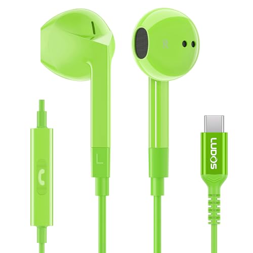 LUDOS FEROX USB C Headphones for iPhone 17 16 15 Pro Max Plus Air iPad Pro, 5 Years Warranty, USB-C Earbuds for Samsung Galaxy S24 S23 Ultra S22 S21 FE S20 Z Flip 3 Fold 4 A53, USB Type C Earphones - color: Green, style: USB-C