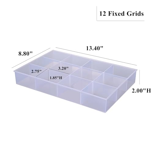 2 Pack Fixed 12 Grids Clear Plastic Organizer Sorting Tray and Transparent Storage Divider Box Container Case for Hardware, Craft, Sewing Kit, Office Supplies, Small Parts - size: Fixed 12 Grids