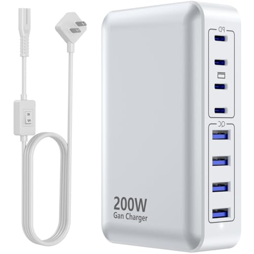 USB C Charger 200W Charger Block, 8-Ports Gan Fast Charging Station Hub, PD 65W Laptop Charging Adapter Compatible with MacBook Pro/Air, DELL, Steam Deck, iPhone 17/16/15/14, Galaxy (White) - color: White