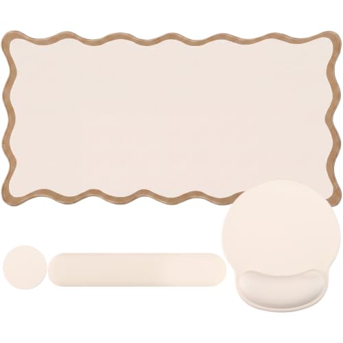 Sabary Scalloped Desk Mat Keyboard Mouse Pad Set 35.5 x 15.7 Inch Beige Preppy Table Mat Keyboard Wrist Rest Cute Aesthetic Mouse Pad with Wrist Rest Coaster Ergonomic Non-Slip Waterproof Gaming Desk - color: Beige, size: 35.5 x 15.7 Inch
