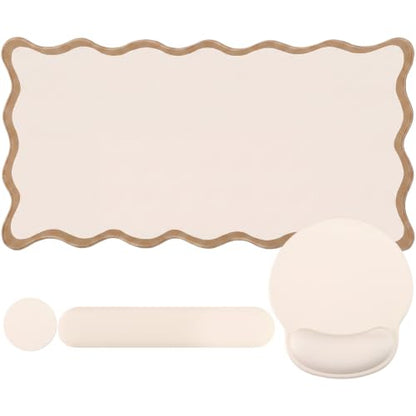 Sabary Scalloped Desk Mat Keyboard Mouse Pad Set 35.5 x 15.7 Inch Beige Preppy Table Mat Keyboard Wrist Rest Cute Aesthetic Mouse Pad with Wrist Rest Coaster Ergonomic Non-Slip Waterproof Gaming Desk - color: Beige, size: 35.5 x 15.7 Inch