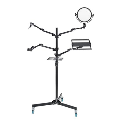 GVM 5-in-1 Movable Live Streaming Floor Stand Kit with Wheels, Overhead Camera Mount with 10" LED Key Light/Mic Boom Arm/Tablet Laptop Phone Stand/Tray for Live Broadcast Podcast Video Recording Game