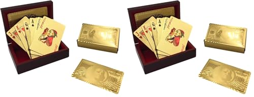 Yuanhe Gold Deck of Cards - Waterproof Playing Cards Luxury Playing Cards with Wooden Gift Box,Great for Poker Cards Game, Game Nights and Casino Party (Pack of 2) - size: 2.244X3.425 inch, bridge size cards (Pack of 2)