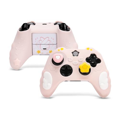 GeekShare Controller Skin Set Compatible with Xbox Series X, Soft Silicone Protective Cover with 2 Thumb Grip Caps and 2 Stickers - Star Wings Series (Pink) - color: Pink