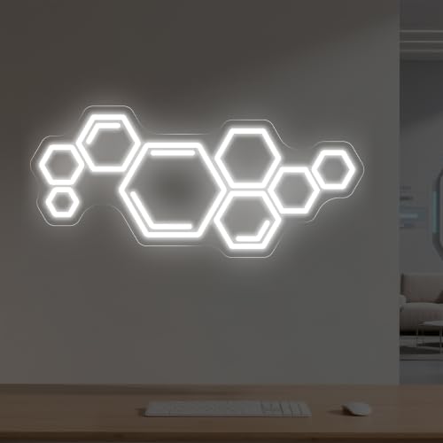 Hexagon Neon Sign, Cool White Geometric LED Light for Gaming Room | Varied hexagons form a connected pattern with a clean futuristic glow - color: Honeycomb