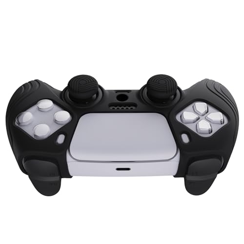 eXtremeRate PlayVital Samurai Edition Black Anti-Slip Controller Silicone Skin for ps5, Ergonomic Soft Rubber Protective Case for ps5 Controller with Black Thumb Stick Caps - color: Black