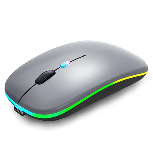 WREANU Wireless Bluetooth Mouse Rechargeable Laptop Mice with LED Lights Silent Slim Use(BT5.2 and 2.4G Portable USB) Dual Mode Computer Mouse for Laptop/iPad/Tablet/Apple/Computer/Mac (Grey) - color: Grey