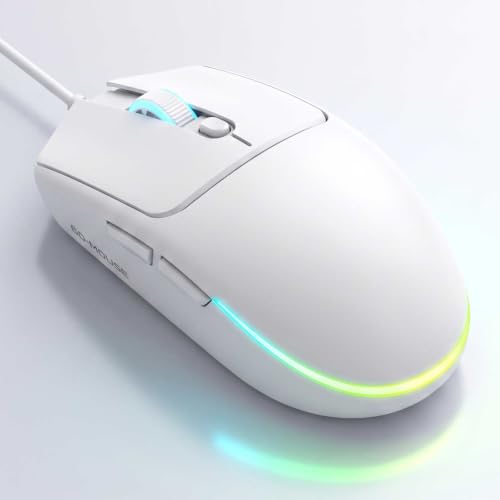 Wired Gaming Mouse RGB, 50g Lightweight Silent USB Mouse -White | 4 DPI Levels Up To 2400, Silent Clicks, Ergonomic Design, RGB Lighting, USB Plug & Play for PC Laptop Desktop Computer Mac