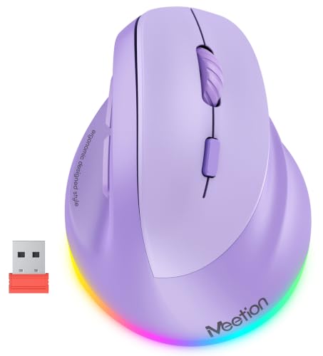 MEETION Ergonomic Wireless Vertical Mouse, Rechargeable, Purple | Bluetooth 5.2 + 3.0 and USB connectivity, RGB backlight, 4 DPI adjustment, compatible with Windows, Mac, Android, PC and iPad - color: Right Purple