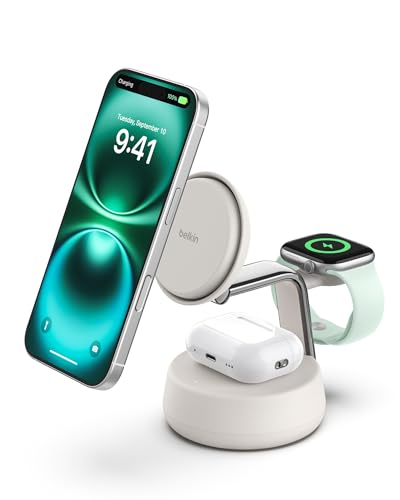 Belkin Qi2.2 25W Wireless Fast Charging Station, 3 in 1 iPhone Charger | Fast Charging, MagSafe Compatible, iPhone 17/16/15, Apple Watch, AirPods, Travel Charger, Magnetic - color: Sand, style: 3 in 1