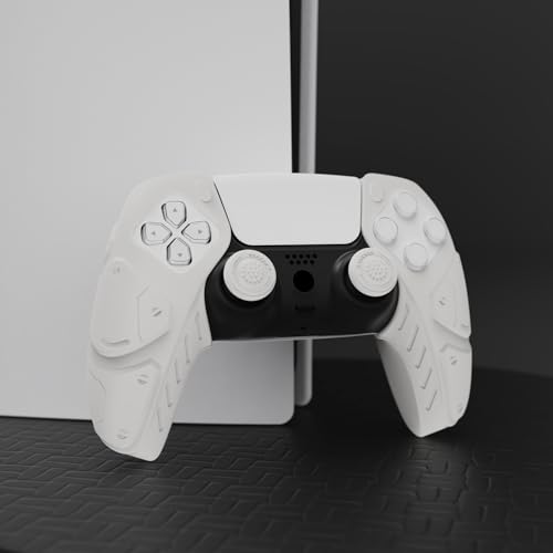 PlayVital Mecha Edition White Ergonomic Soft Controller Silicone Case Grips for PS5, Rubber Protector Skins with Thumbstick Caps for PS5 Controller - Compatible with Charging Station - color: White