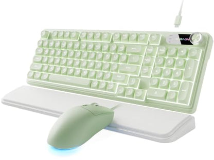 EWEADN Wired Keyboard and Mouse Combo with Detachable Wrist Rest, Quiet Ergonomic Keyboard Mouse Set with Multimedia Knob, RGB Backlit, Double-Shot Keycaps Natural Typing for Laptop, PC - Green - color: Green