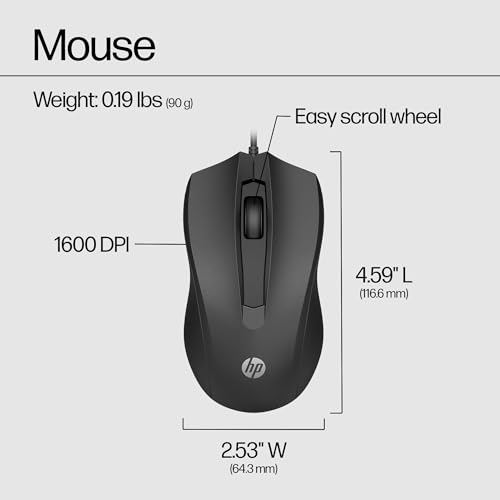 HP Wired Mouse 100 - Precise Optical Sensor with 1600 DPI - Easy USB Connection - Ambidextrous Design - 3 Button Control & Built-in Scrolling - Multi-OS Compatible (6VY96AA#ABL) - style: New