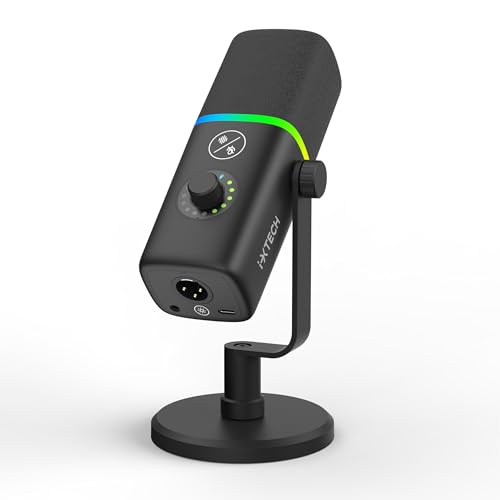 IXTECH Gaming USB Microphone for PC, Noise Cancellation Condenser Mic for Podcasts and Video Streaming with Tripod Stand, Pop Filter, Shock Mount, Gain Control, RGB Lights, Quiet Mute Button (Black) - color: IX-MIC02 Black, style: Condenser Mic