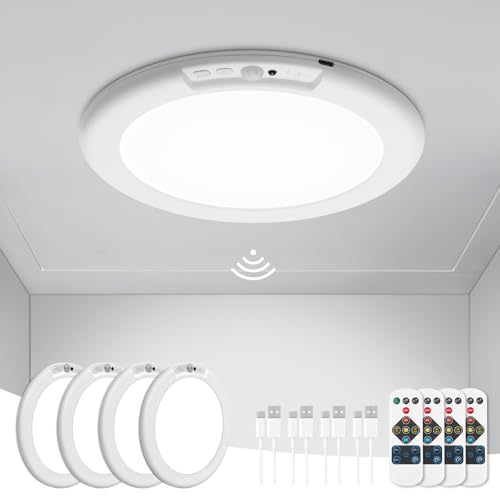wowatt 4Pcs Battery Operated Ceiling Lights Rechargeable Motion Sensor Light Indoor Wireless Shower Light with Remote 3000K 4500K 6500K 7.48in Dimmable Timing Motion Activated Lamp for Closet Shower - color: Round-3 Changing Color, size: 4 Pack