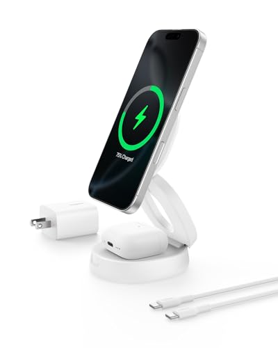 Belkin Qi2 15W Wireless Fast Charging Station, 2 in 1 iPhone Charger | Fast Charging, MagSafe Compatible, iPhone 17/16/15, AirPods, Travel Charger, Magnetic - color: White, style: 2 in 1
