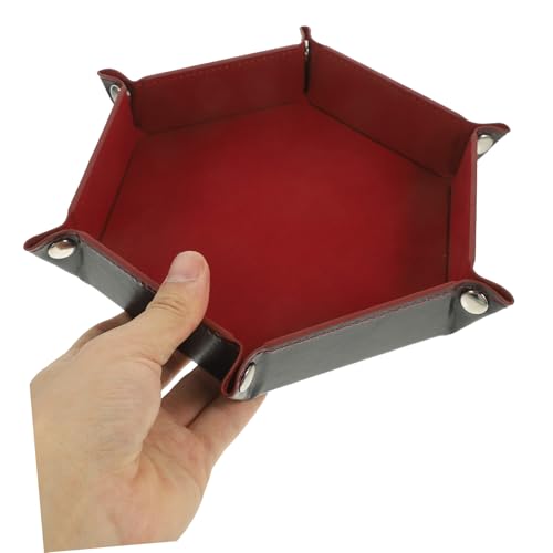 Uonlytech Hexagonal Folding Dice Tray PU Material Organizer for Tabletop Games Party Accessories Storage Box with Velvet Lining in Dark Crimson for Home and Game