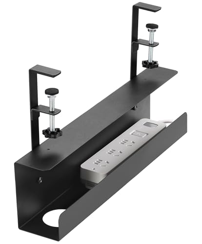 ZhiYo 16.5in Steel Cable Management Under Desk Tray, Large Clamp-On Under Table Cord Hider Tray, No Drill Cable Organizer for Desk, Wire Management Raceway, Black Rack, W3in x H4.7in - size: 16.5in L - Clamp-On