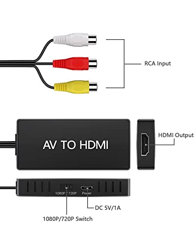 AV to HDMI Converter, RCA to HDMI Adapter, 720P/1080P RCA Composite CVBS Adapter Support PAL/NTSC for PC, Laptop, TV, WII, Xbox, PS2, PS3, STB, VHS, VCR, Blue-Ray DVD Players - color: black