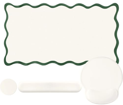 Sabary Scalloped Desk Mat Keyboard Mouse Pad Set 35.5 x 15.7 Inch Green Preppy Table Mat Keyboard Wrist Rest Cute Aesthetic Mouse Pad with Wrist Rest Coaster Ergonomic Non-Slip Waterproof Gaming Desk - color: Green, size: 35.5 x 15.7 Inch