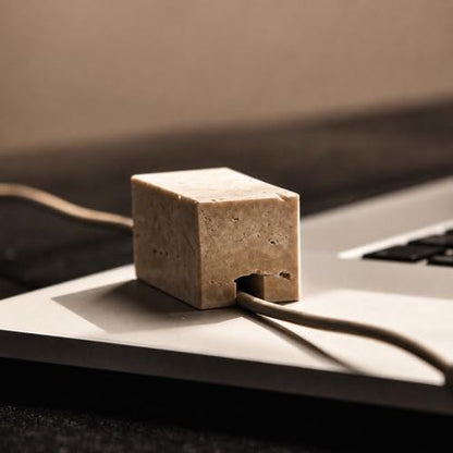Travertine Cord Holder-Cable Organizer for Desktop, Nightstand | Natural Travertine Stone, Non-Slip Desk Cable Holder, Paperweight, Minimalist Desk Accessories