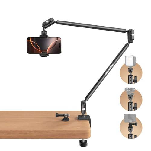 CAMBOFOTO 33" Magic Arm Phone Desk Clamp, Overhead Camera Mount, Boom Arm | Webcam Arm with 1/4" Screw, Stable C-clamp, Phone Holder/Action Cam Adapter Included, Long Phone Arm for POV Shot, Mic, Light