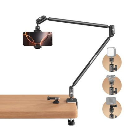 CAMBOFOTO 33" Magic Arm Phone Desk Clamp, Overhead Camera Mount, Boom Arm | Webcam Arm with 1/4" Screw, Stable C-clamp, Phone Holder/Action Cam Adapter Included, Long Phone Arm for POV Shot, Mic, Light