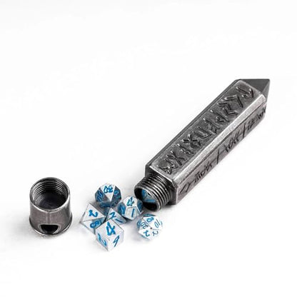 Mini Dice Set with Rune Keychain Case,7PCS Polyhedral Metal Dice Set for DND Role Playing Games(Silver/Silver Blue) - color: Silver/Silver Blue
