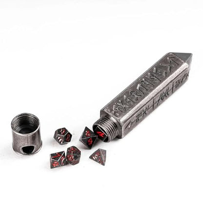 Mini Dice Set with Rune Keychain Case,7PCS Polyhedral Metal Dice Set for DND Role Playing Games(Silver/Black Red) - color: Silver/Black Red