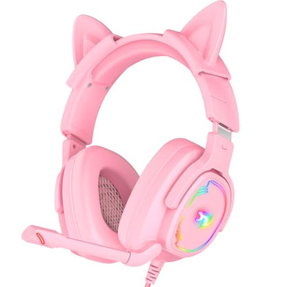 Jimonyer Gaming Headset with Microphone, 7.1 Surround Sound and Noise Canceling Over Ear Headphones for PC/PS4/PS5/Xbox Series/Switch, RGB Light and Soft Imitation Protein Earmuffs (PinkCat) - color: PinkCat