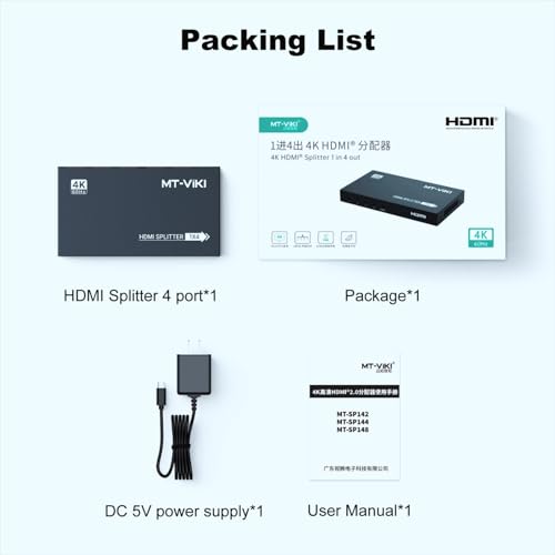 MT-VIKI 1x4 2.0 HDMI Splitter 1 in 4 Out, 4K@60Hz HDMI Duplicator/Distributor HDR Support EDID HDCP 2.2 RGB 4:4:4 18Gbps-Adapter Included (4 Ports) - size: 1x4 4K60