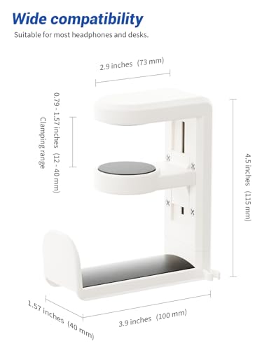 Headphone Hook Under Desk Holder 360-Degree Adjustable Rotation, White | Fits 0.47-1.57 in desks as headset stand hanger, easy spring clamp, soft rubber pads, built-in loop for cable organizer - color: Creamy White