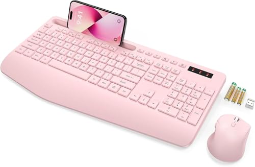SABLUTE Wireless Keyboard and Mouse Combo, Full Size, Ergonomic Wrist Rest | 2.4G Lag-Free, 3-Level DPI, Phone Holder, Silent Typing, KM23D Batteries Powered Set for PC, Laptop, Windows, macOS (Pink) - color: Rose Pink, size: 1 Pack