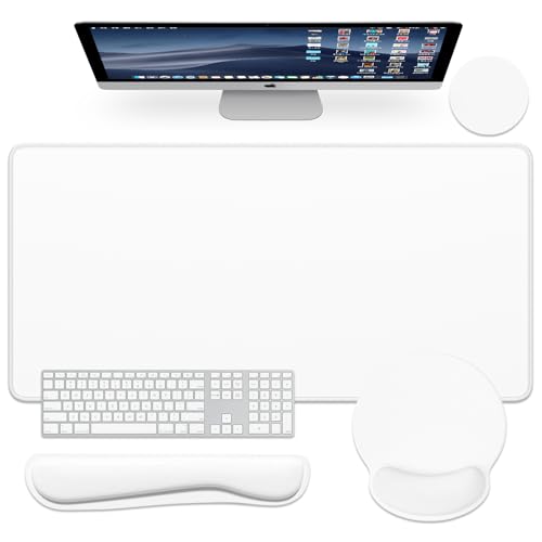 Dapesuom Large Gaming Mouse Pad, White Mouse Pads with Wrist Rest Wrist Support, 4in1 Big XXL Desk Mat Desk Pad + Ergonomic Mousepad + Memory Foam Keyboard Mat Wrist Rest + Coaster Set for Computer - color: Ivory White