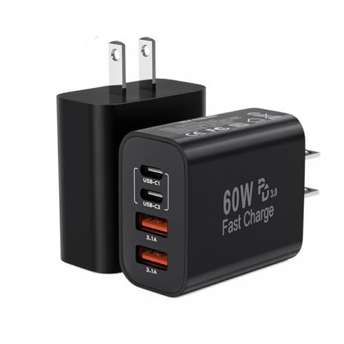 60W USB C Charger Block,2Pack 4-Port GaN USB C Charger Fast Charging Wall Plug Dual Type C+Dual USB-A Port,Multiport Power Adapter Cube for iPhone 17 Pro Max/16e/15/14/13/12/11,iPad Pro/Air/Mini-Black - color: Black, size: 2pack