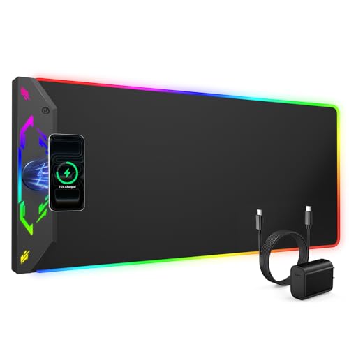 Magnetic Wireless Charging Mouse Pad Gaming, 31.5"x15.8" Large Desk Mat | RGB Mousepad, Smooth Glide, Stitched Edge, Non-Slip Rubber Base, Desk Pad Computer Keyboard Mat, No Adapter - color: RGB-31.5"x15.8"-Mag