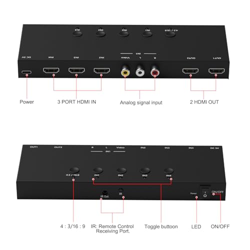 Dingsun 4In-4Out Converter, 3 Way HDMI 2.0+ RCA to 2 Way HDMI Converter for Fire Stick，ROKU, N64, NGC, Wii, PS2/3/4/5, Xbox Series, Xbox ONE, Switch ect. - style: 4in-2out(1*RCA +3*HDMI to 2*HDMI )