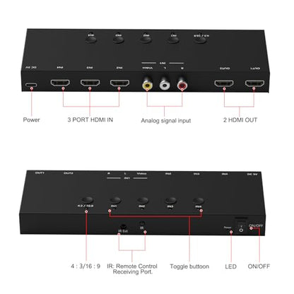 Dingsun 4In-4Out Converter, 3 Way HDMI 2.0+ RCA to 2 Way HDMI Converter for Fire Stick，ROKU, N64, NGC, Wii, PS2/3/4/5, Xbox Series, Xbox ONE, Switch ect. - style: 4in-2out(1*RCA +3*HDMI to 2*HDMI )