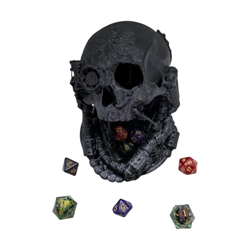 Mechanical Skull Dice Tower Dungeons and Dragons RPG abletop Roleplaying Game Jail D&D (Random 7PCS D20 Dice Set Included) Black - color: Black