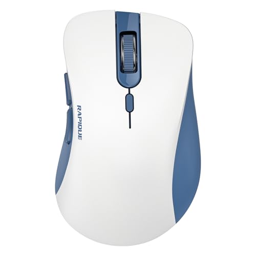 RAPIQUE Bluetooth Wireless Mouse - Dual Bluetooth & 2.4 GHz USB Receiver, Ergonomic Design, Quiet Clicks, Low Power - Multi-Device Compatibility for MacBook, Laptop, Computer (Blue and White) - color: White and Blue