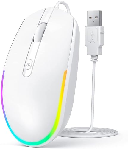 seenda Wired Mouse, RGB Backlit 1600 DPI Corded Mouse for Laptop/PC, White | Plug-and-play with quiet clicks and optical tracking for laptop, PC, Chromebook, desktop, office, school, and home - color: White
